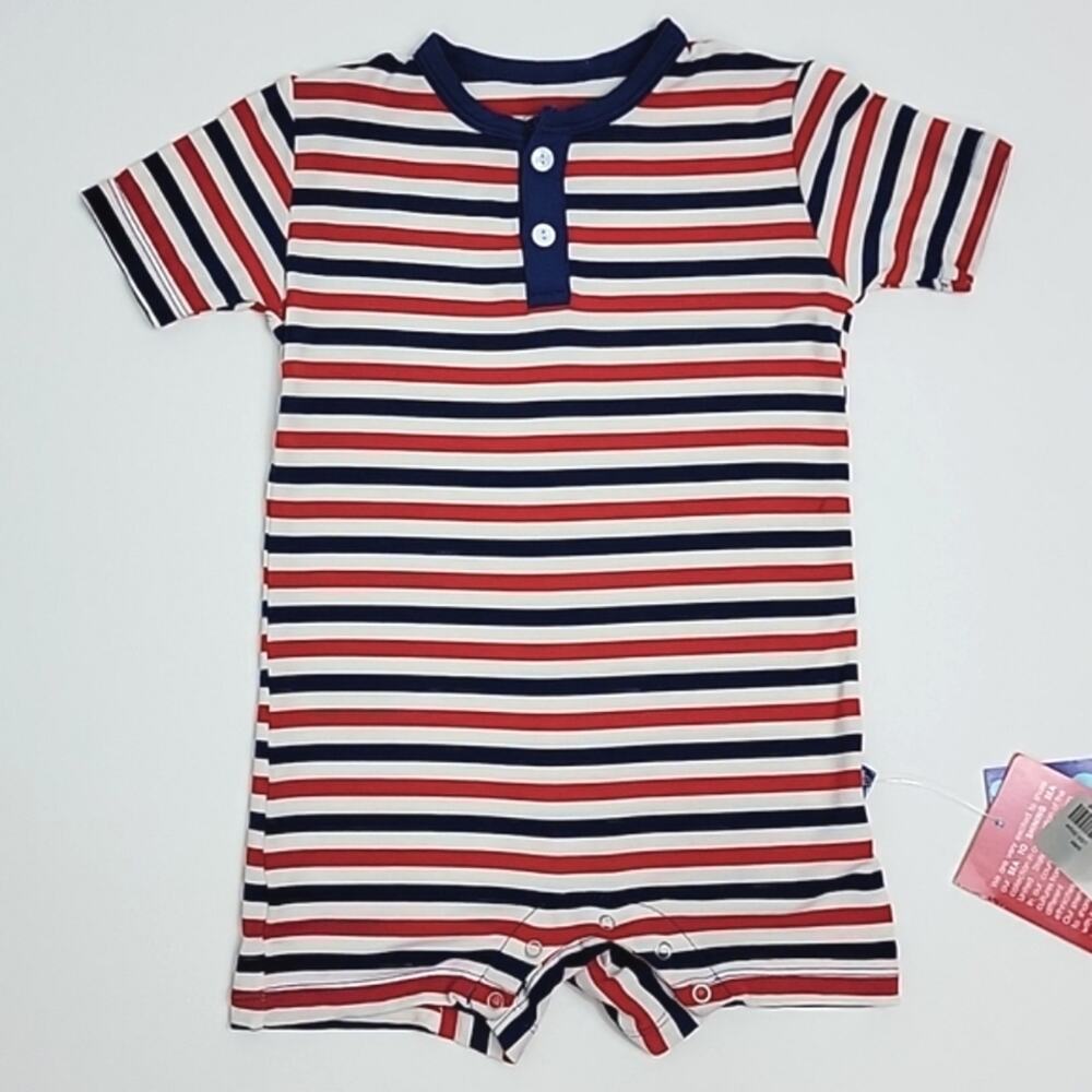 Kickee Pants Henley Romper in Print USA Stripe Red White Blue 3-6M‎ FLAWS